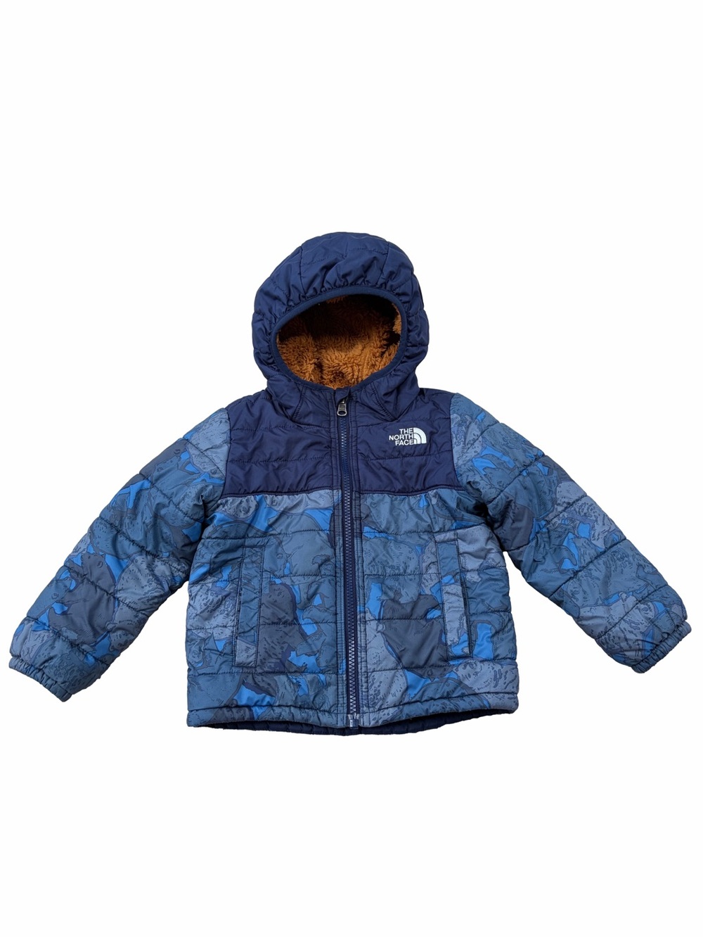 The North Face Size 3T Reversible Chimborazo Blue Bear Brown Fleece Puffer Coat
